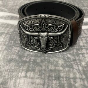 Silver Bull Buckle Brown Belt (size 34)